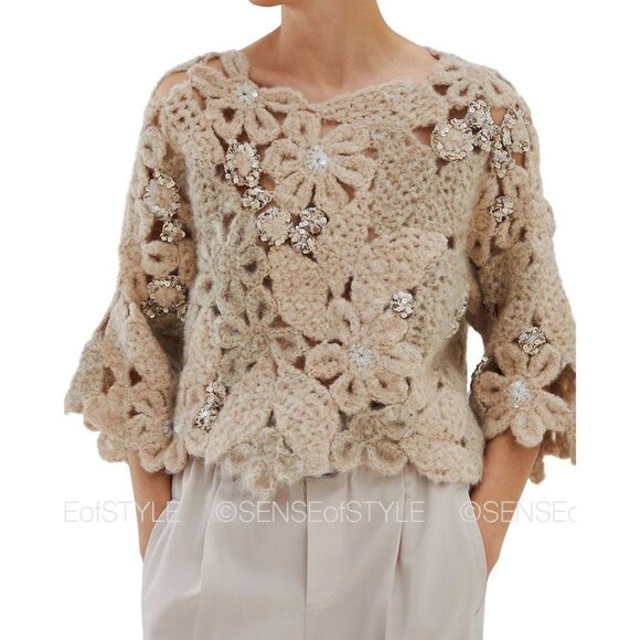 Brunello Cucinelli Flower Crocheted Sweater Top Sequins Size S - Picture 6 of 10